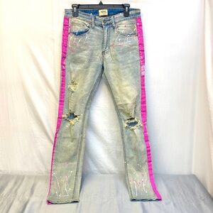 KDNK Paint Striped Jeans With Paint Splatter